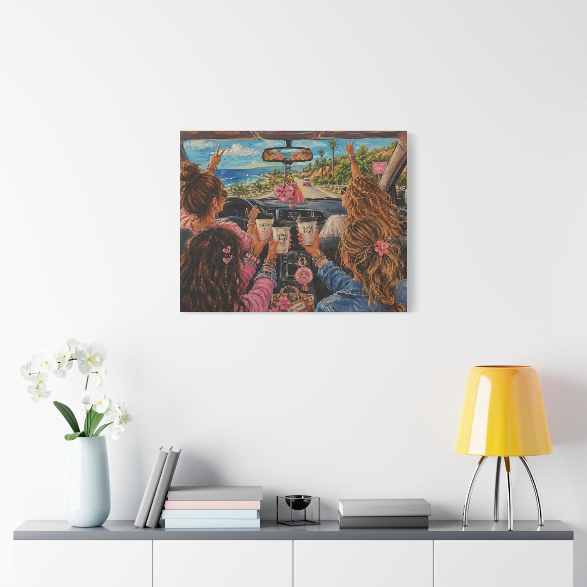 Girls' Beach Road Trip Canvas Wall Art – Colorful Acrylic Painting of Best Friends, Coffee Drive & Coastal Adventure