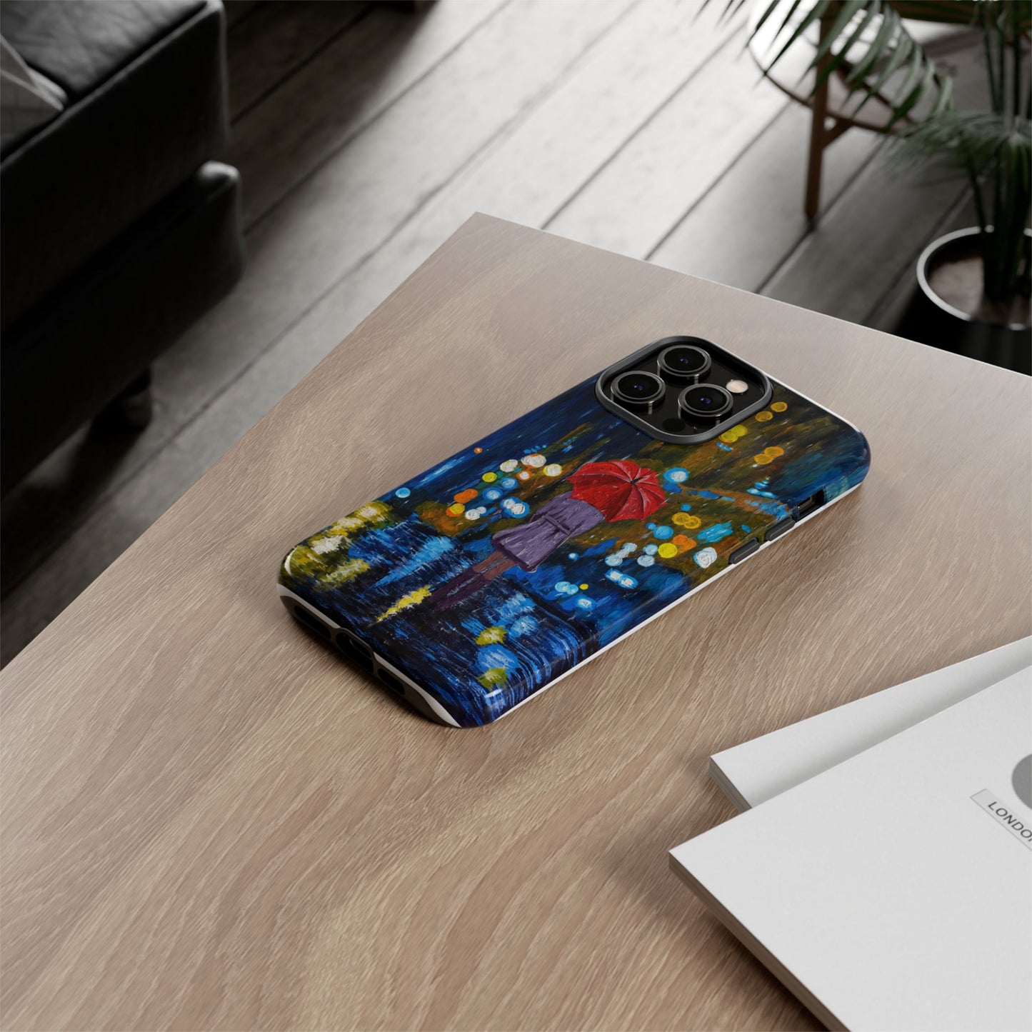 Rainy Night Phone Case — Woman with Red Umbrella Art