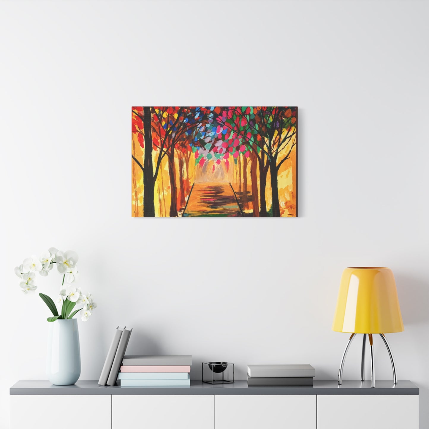 Colorful Tree Path Matte Canvas Print — Vibrant Autumn Forest Wall Art