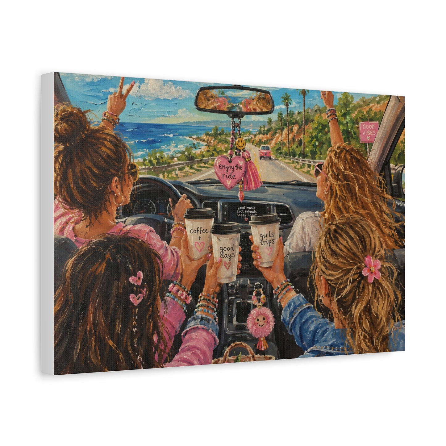 Girls' Beach Road Trip Canvas Wall Art – Colorful Acrylic Painting of Best Friends, Coffee Drive & Coastal Adventure