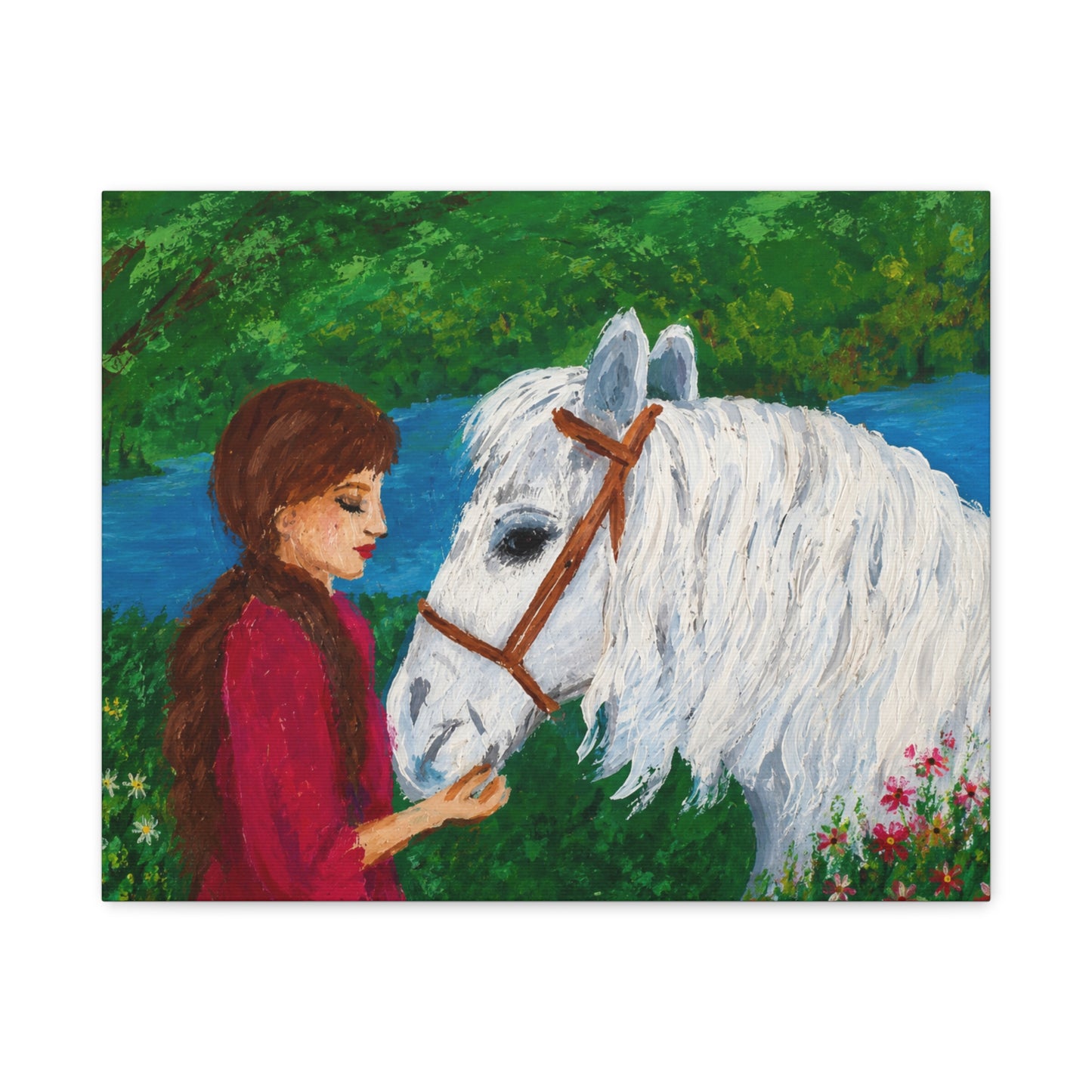 Serenity by the River — Woman with White Horse Stretched Wall Art