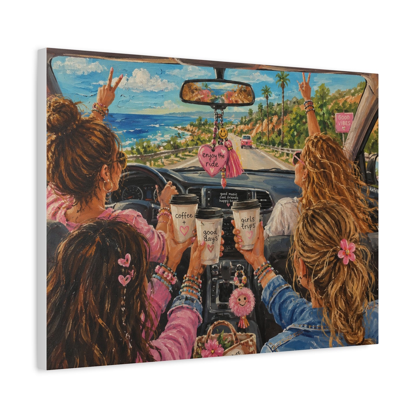 Girls' Beach Road Trip Canvas Wall Art – Colorful Acrylic Painting of Best Friends, Coffee Drive & Coastal Adventure