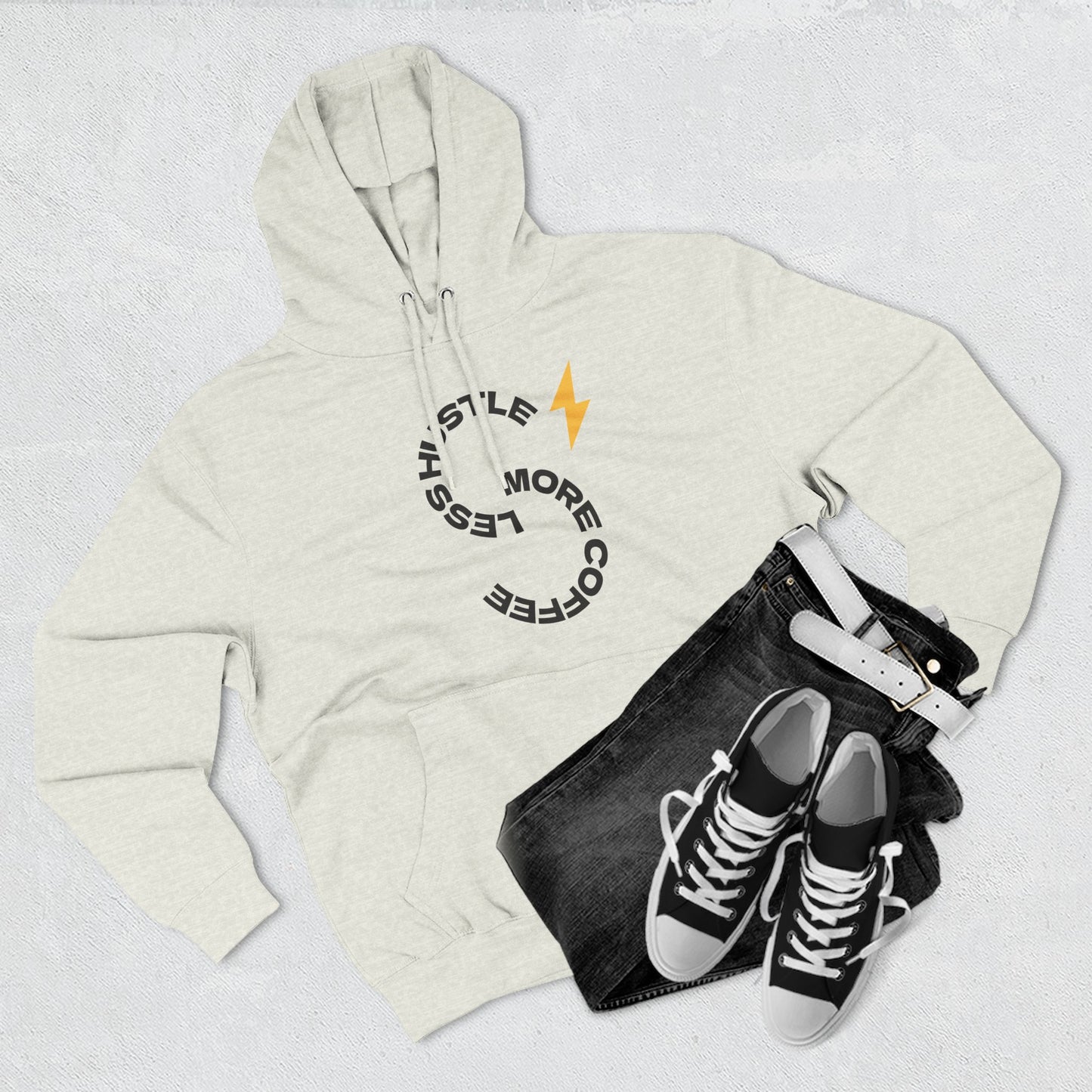Hoodie — 'Hustle More, Coffee Less' Lightning Logo & Western Cowboy Back Print