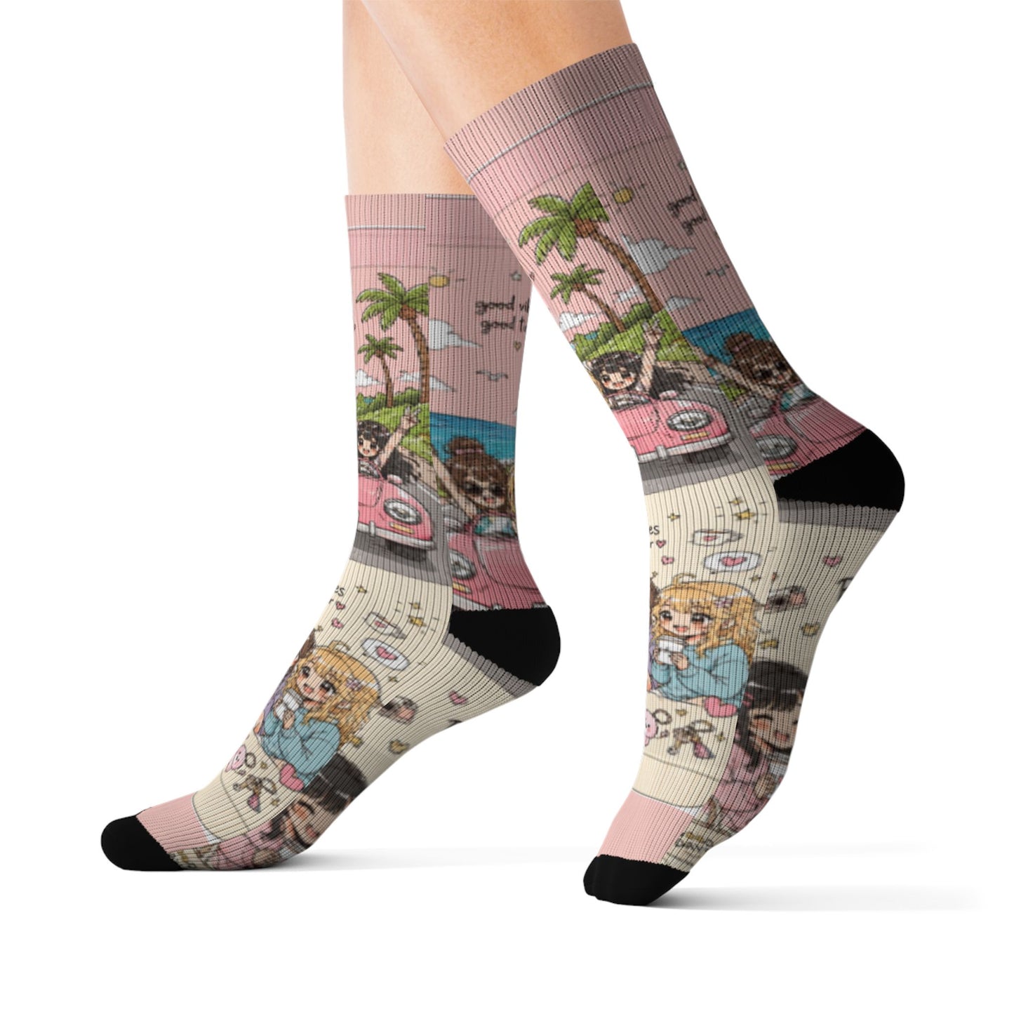 Kawaii Anime Best Friends Crew Socks – Cute Coffee & Road Trip Aesthetic Socks