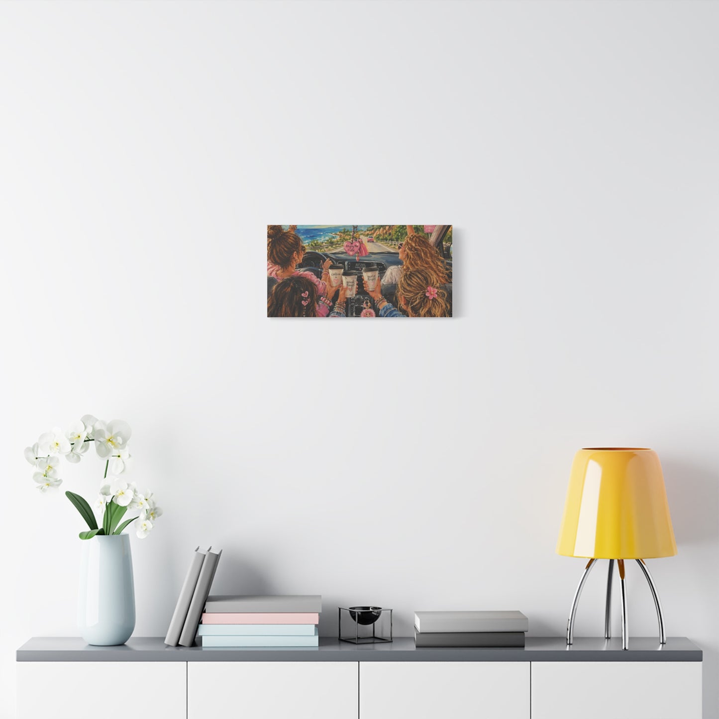 Girls' Beach Road Trip Canvas Wall Art – Colorful Acrylic Painting of Best Friends, Coffee Drive & Coastal Adventure