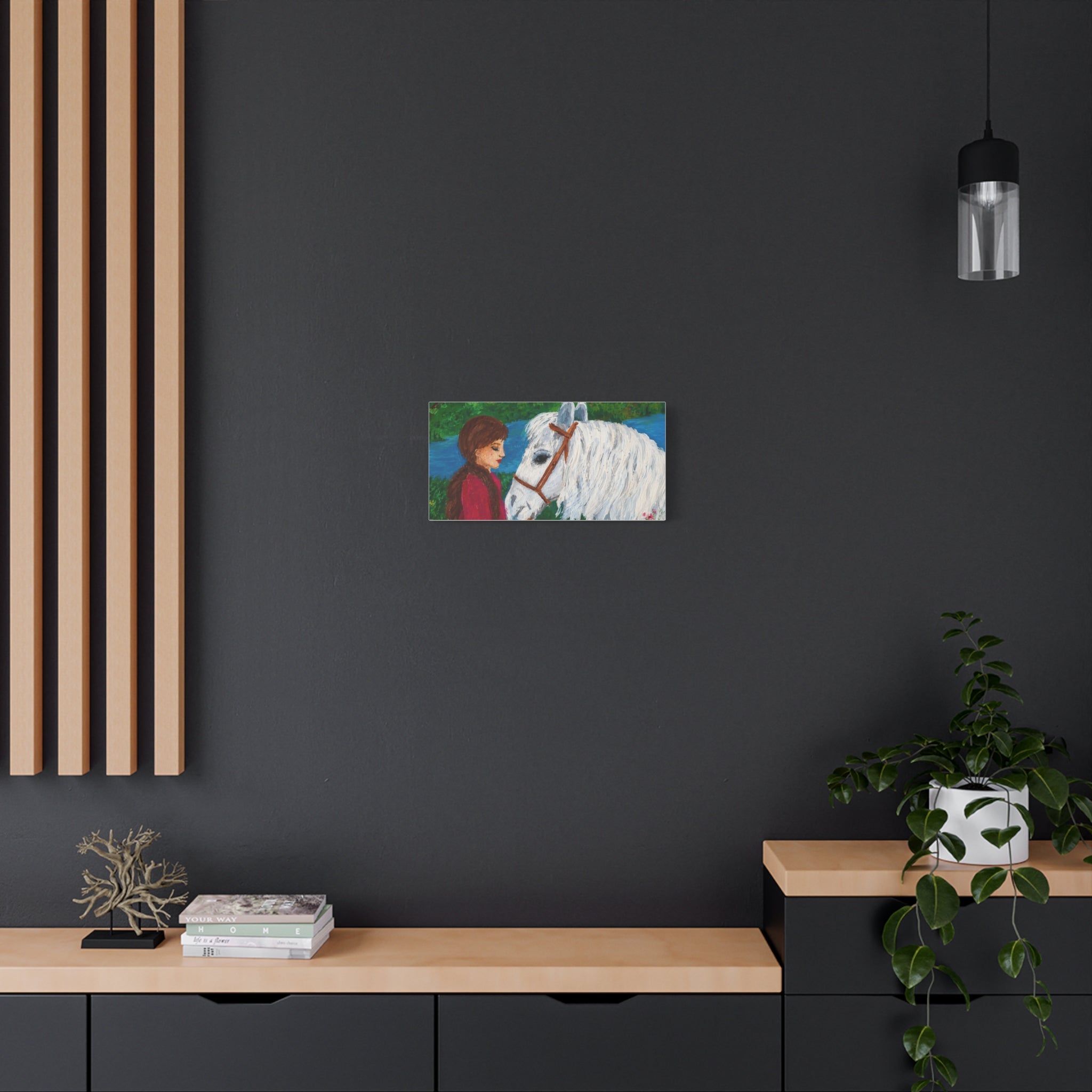 Serenity by the River — Woman with White Horse Stretched Wall Art