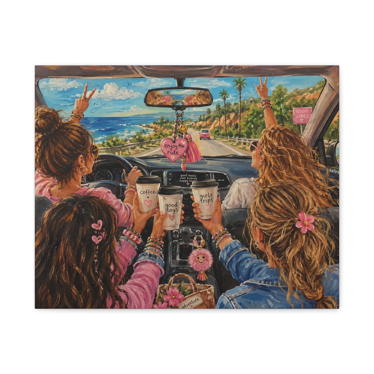 Girls' Beach Road Trip Canvas Wall Art – Colorful Acrylic Painting of Best Friends, Coffee Drive & Coastal Adventure