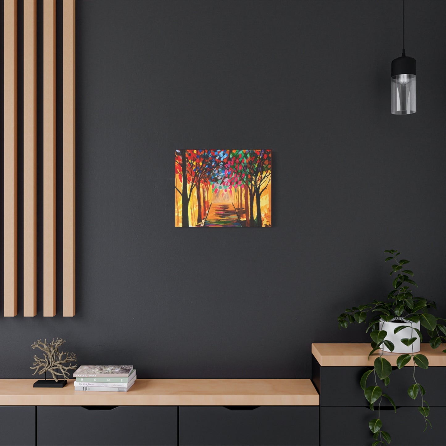 Colorful Tree Path Matte Canvas Print — Vibrant Autumn Forest Wall Art