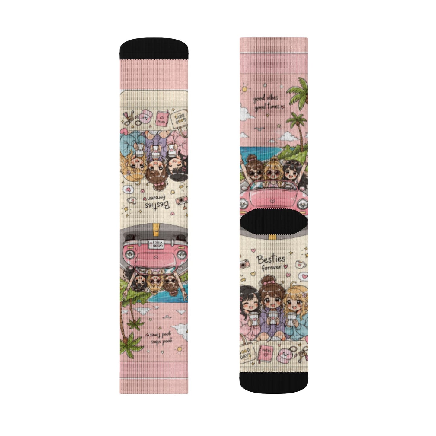 Kawaii Anime Best Friends Crew Socks – Cute Coffee & Road Trip Aesthetic Socks