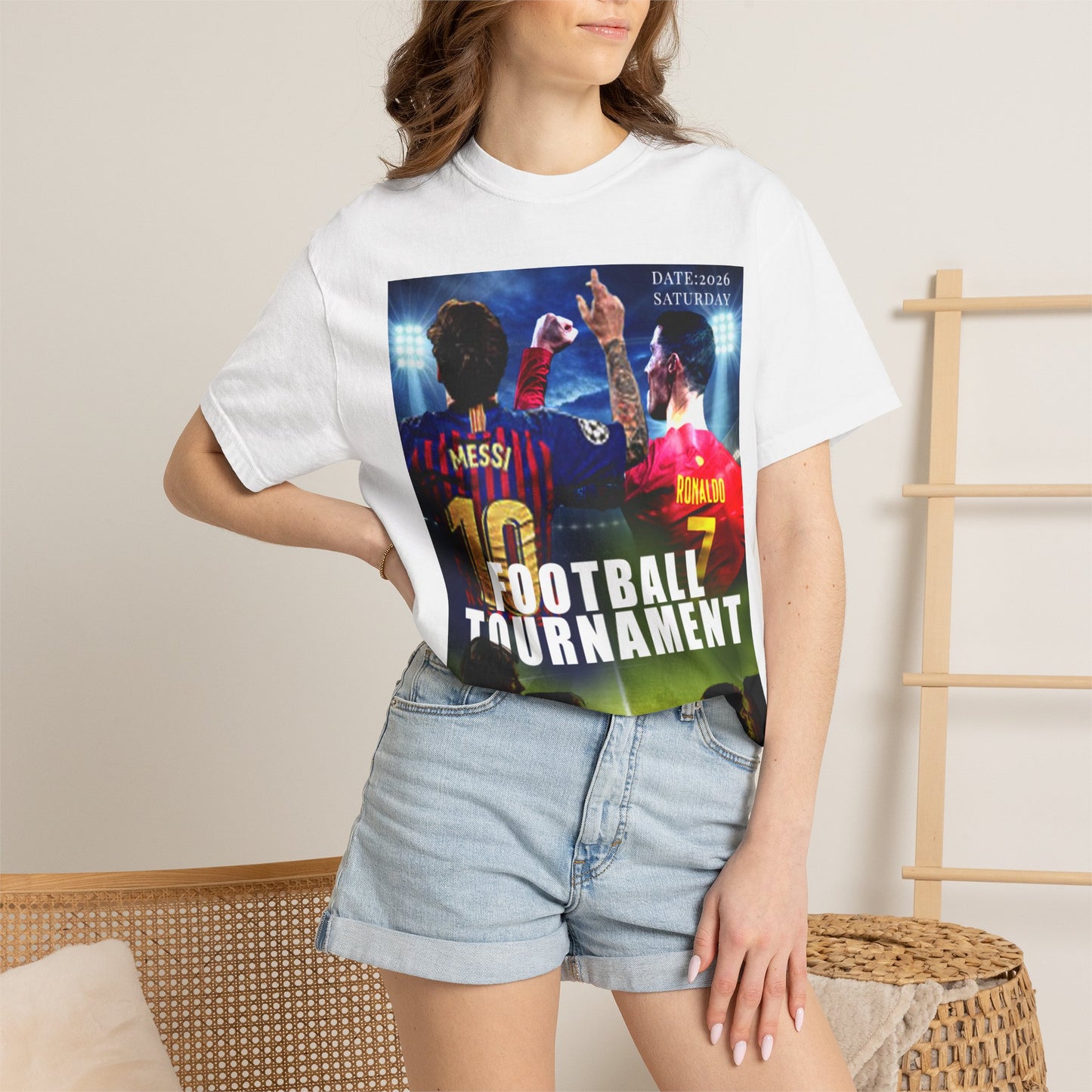 Football Tournament T‑Shirt — Messi & Ronaldo Poster Design