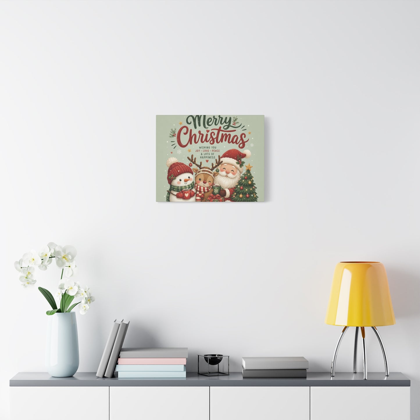 Merry Christmas Canvas Wall Art – Cute Santa, Snowman & Reindeer Holiday Print