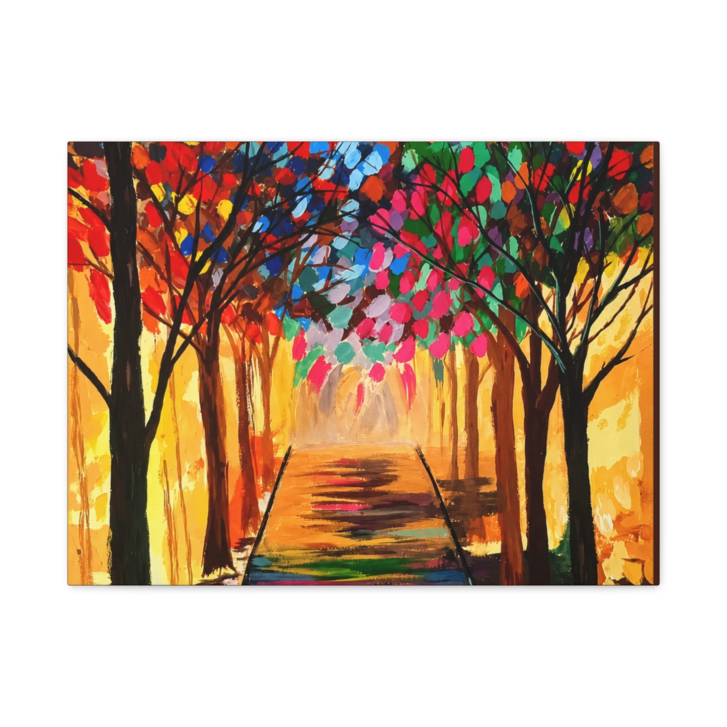Colorful Tree Path Matte Canvas Print — Vibrant Autumn Forest Wall Art