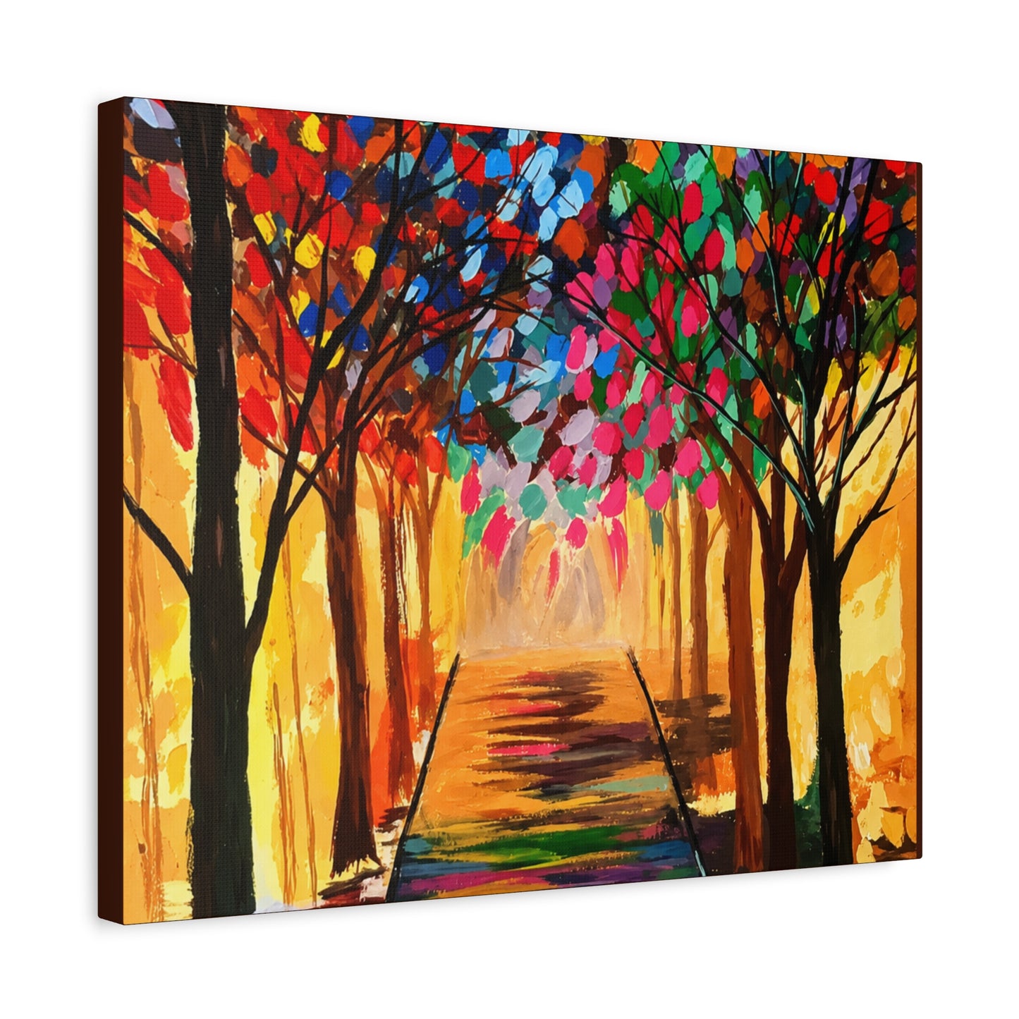 Colorful Tree Path Matte Canvas Print — Vibrant Autumn Forest Wall Art