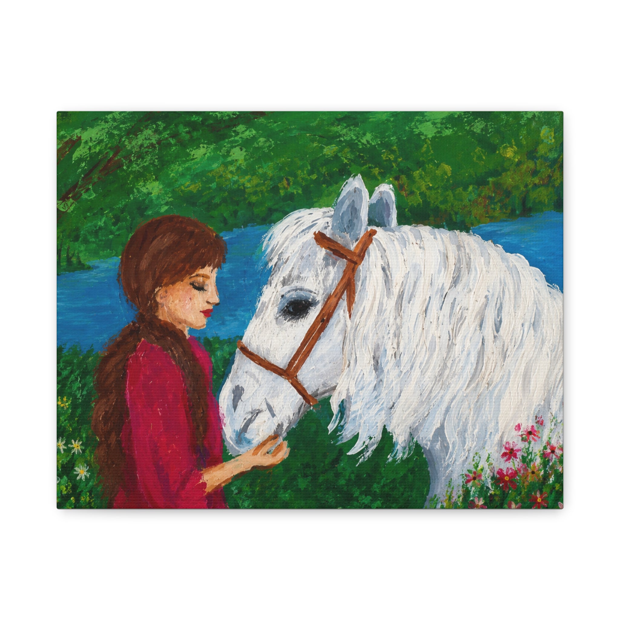 Serenity by the River — Woman with White Horse Stretched Wall Art