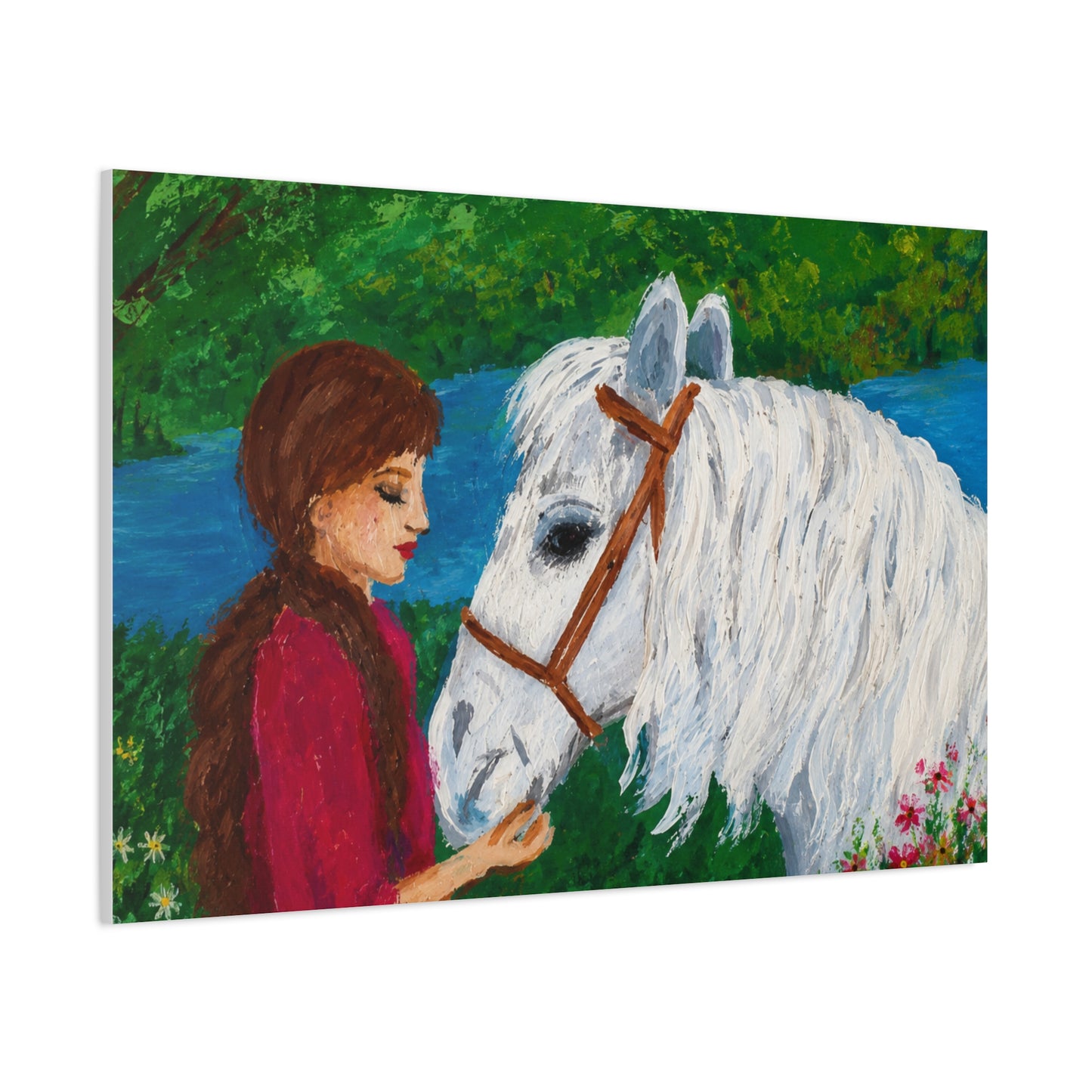 Serenity by the River — Woman with White Horse Stretched Wall Art