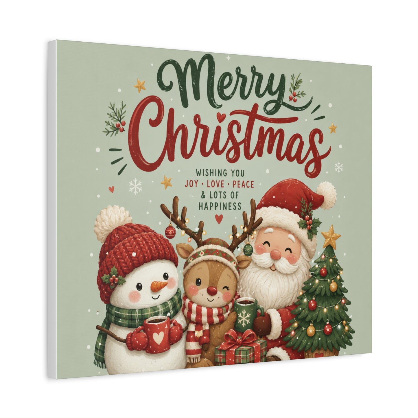 Merry Christmas Canvas Wall Art – Cute Santa, Snowman & Reindeer Holiday Print