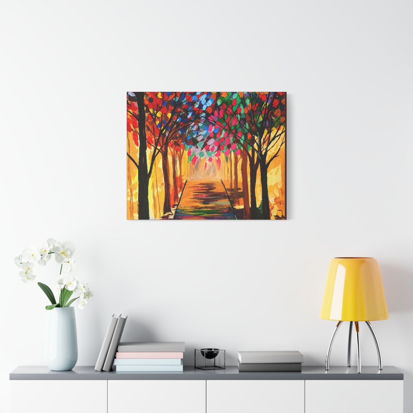Colorful Tree Path Matte Canvas Print — Vibrant Autumn Forest Wall Art