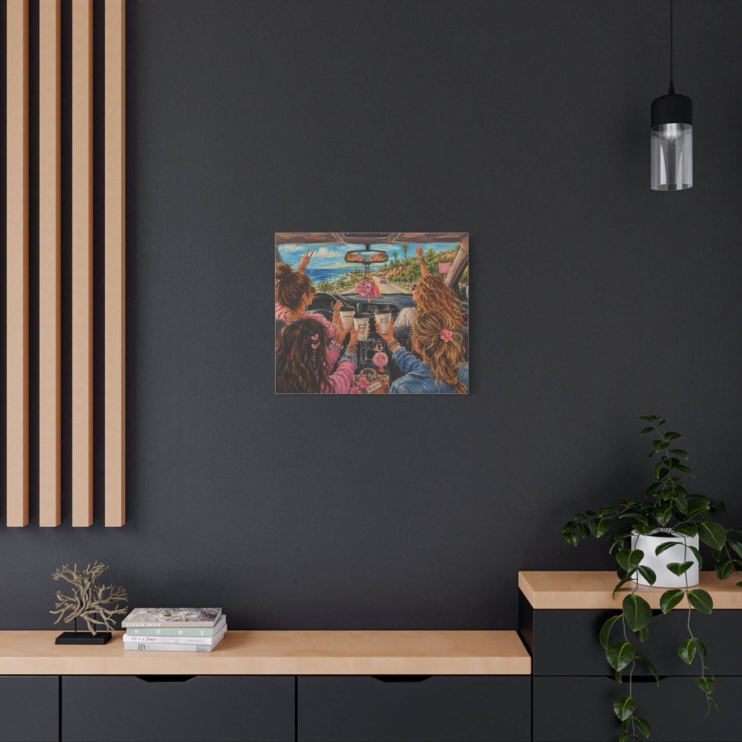 Girls' Beach Road Trip Canvas Wall Art – Colorful Acrylic Painting of Best Friends, Coffee Drive & Coastal Adventure
