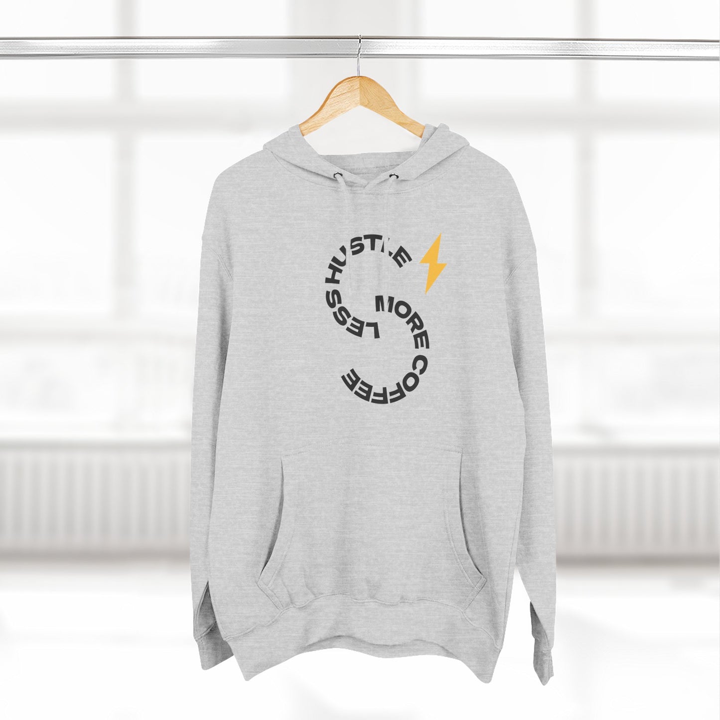 Hoodie — 'Hustle More, Coffee Less' Lightning Logo & Western Cowboy Back Print