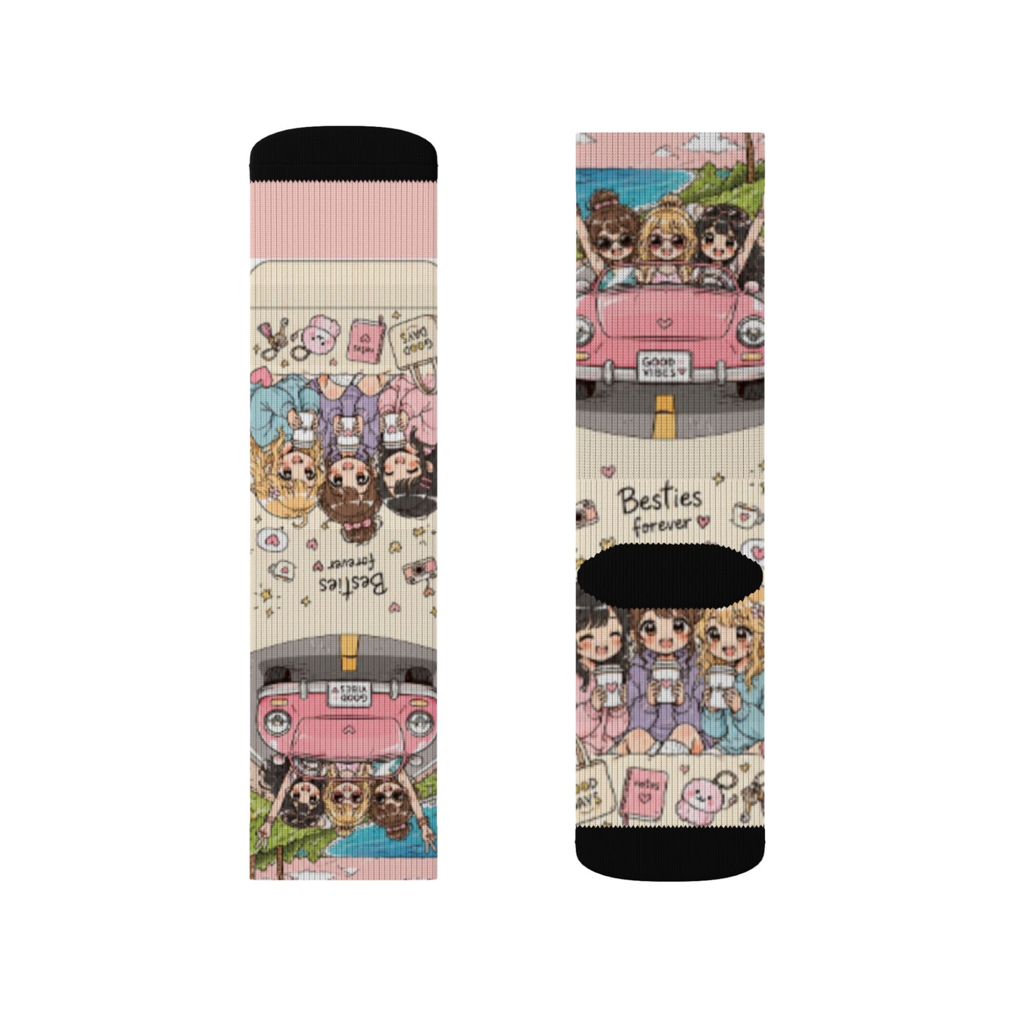 Kawaii Anime Best Friends Crew Socks – Cute Coffee & Road Trip Aesthetic Socks