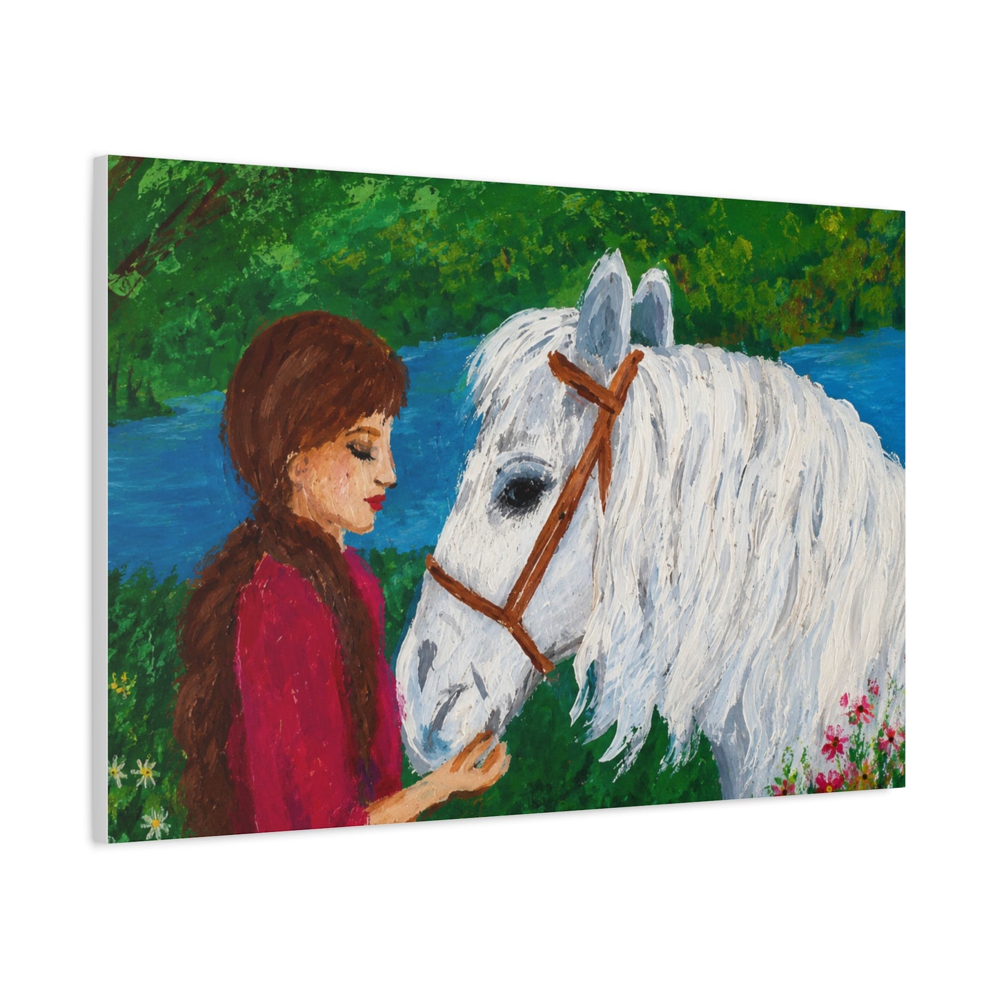Serenity by the River — Woman with White Horse Stretched Wall Art