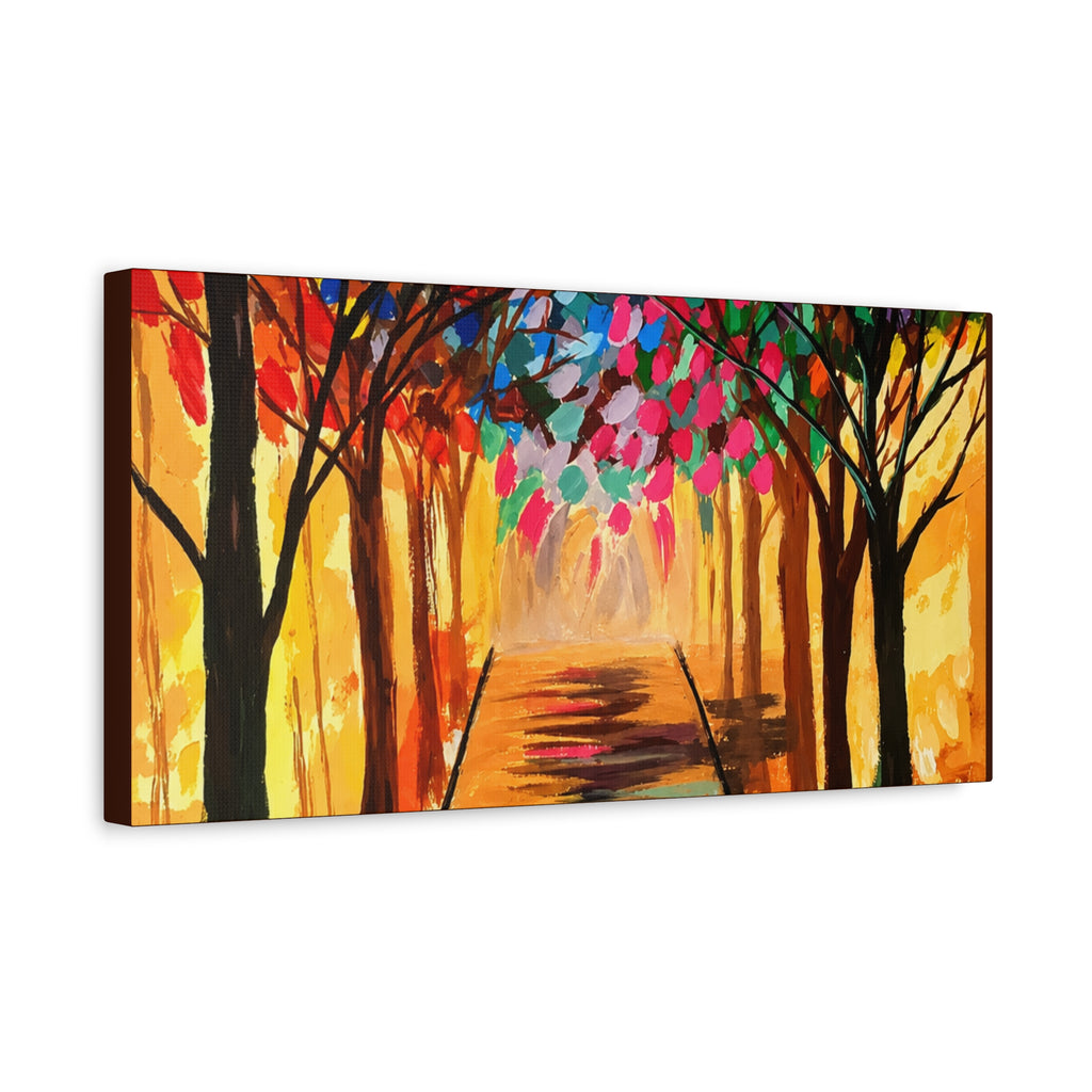 Colorful Tree Path Matte Canvas Print — Vibrant Autumn Forest Wall Art