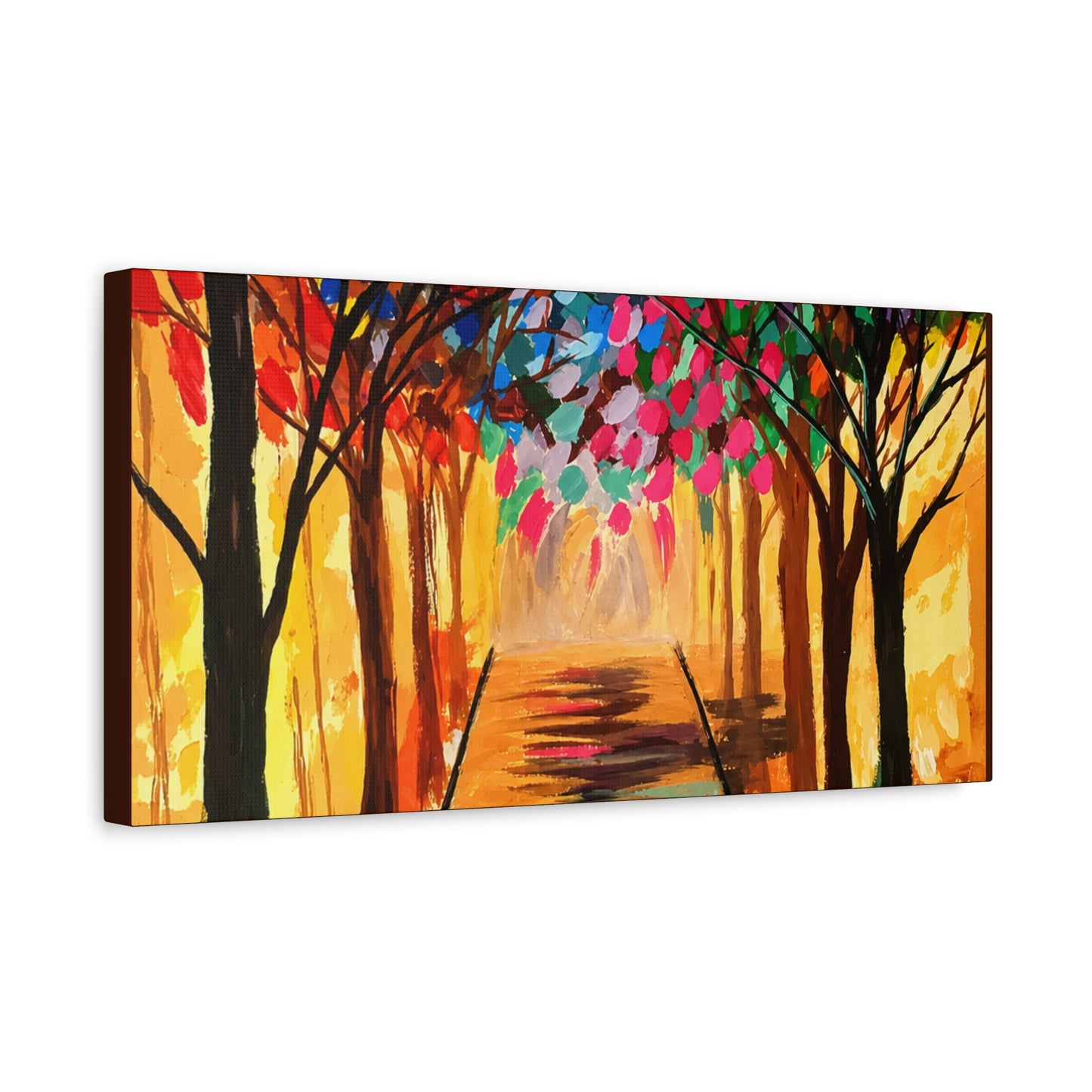 Colorful Tree Path Matte Canvas Print — Vibrant Autumn Forest Wall Art