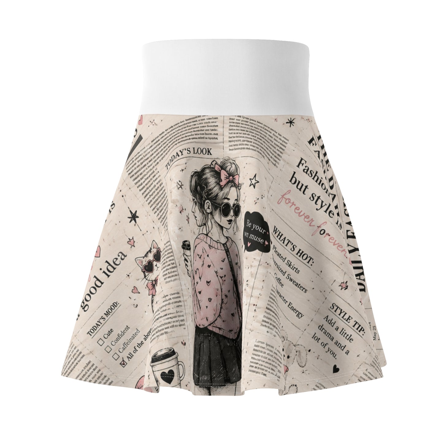 Vintage Newspaper Print Skater Skirt — Cute Girl Illustration & Fashion Headlines
