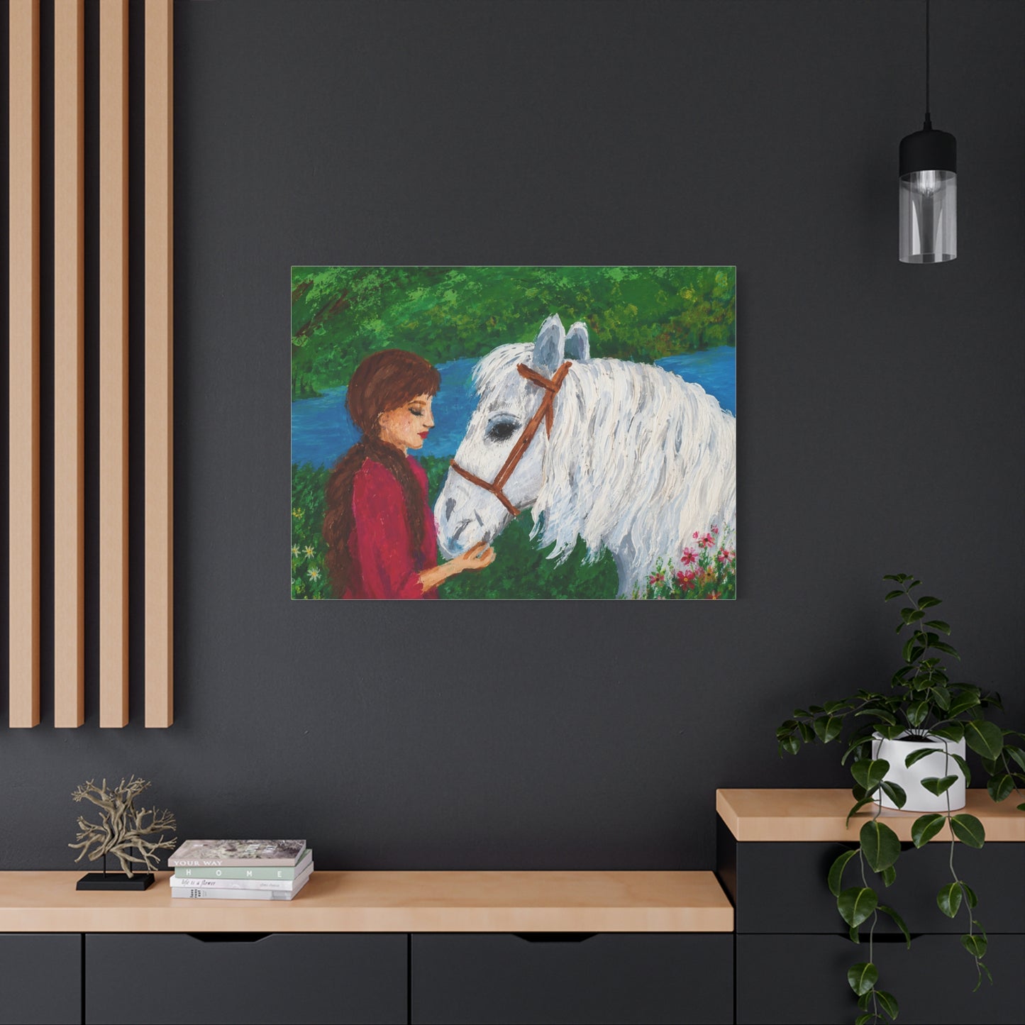 Serenity by the River — Woman with White Horse Stretched Wall Art