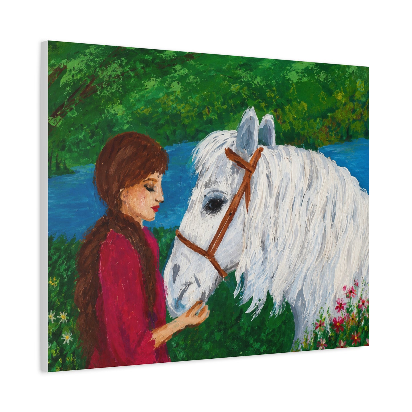Serenity by the River — Woman with White Horse Stretched Wall Art