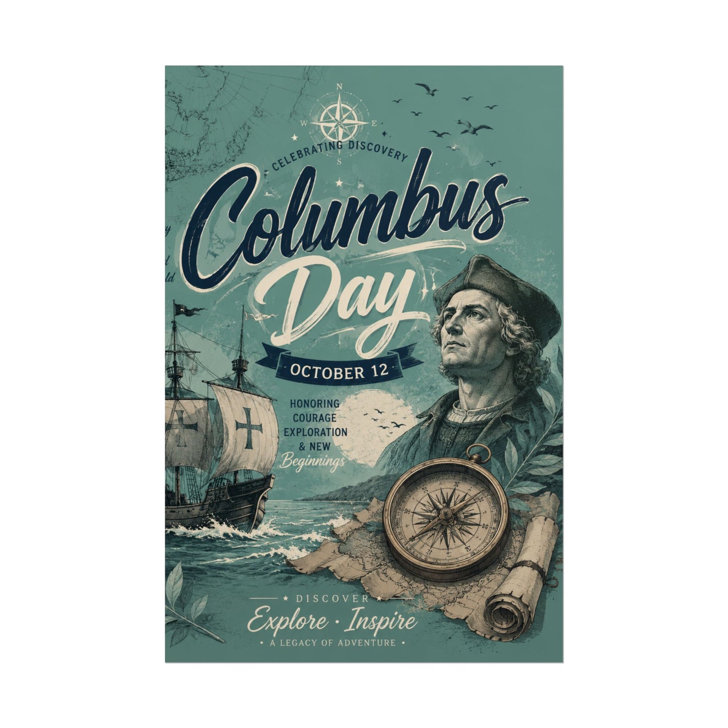Columbus Day Poster — Rolled Vintage Exploration Print (October 12)