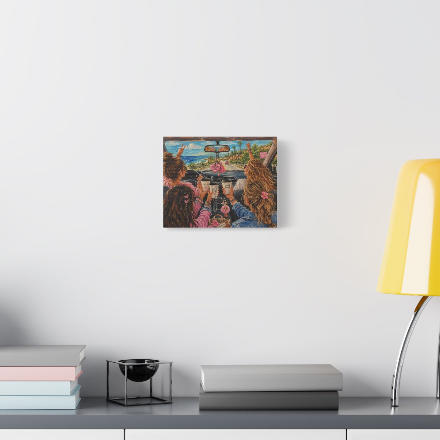 Girls' Beach Road Trip Canvas Wall Art – Colorful Acrylic Painting of Best Friends, Coffee Drive & Coastal Adventure