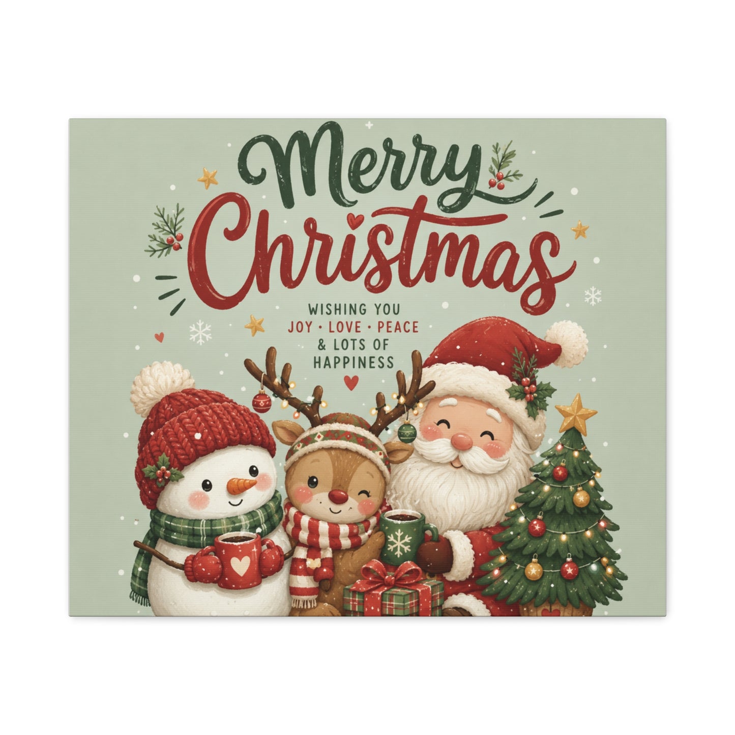 Merry Christmas Canvas Wall Art – Cute Santa, Snowman & Reindeer Holiday Print
