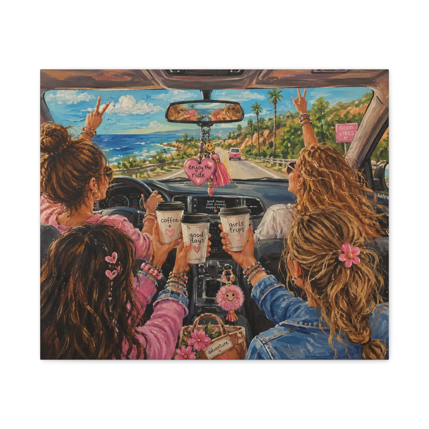 Girls' Beach Road Trip Canvas Wall Art – Colorful Acrylic Painting of Best Friends, Coffee Drive & Coastal Adventure