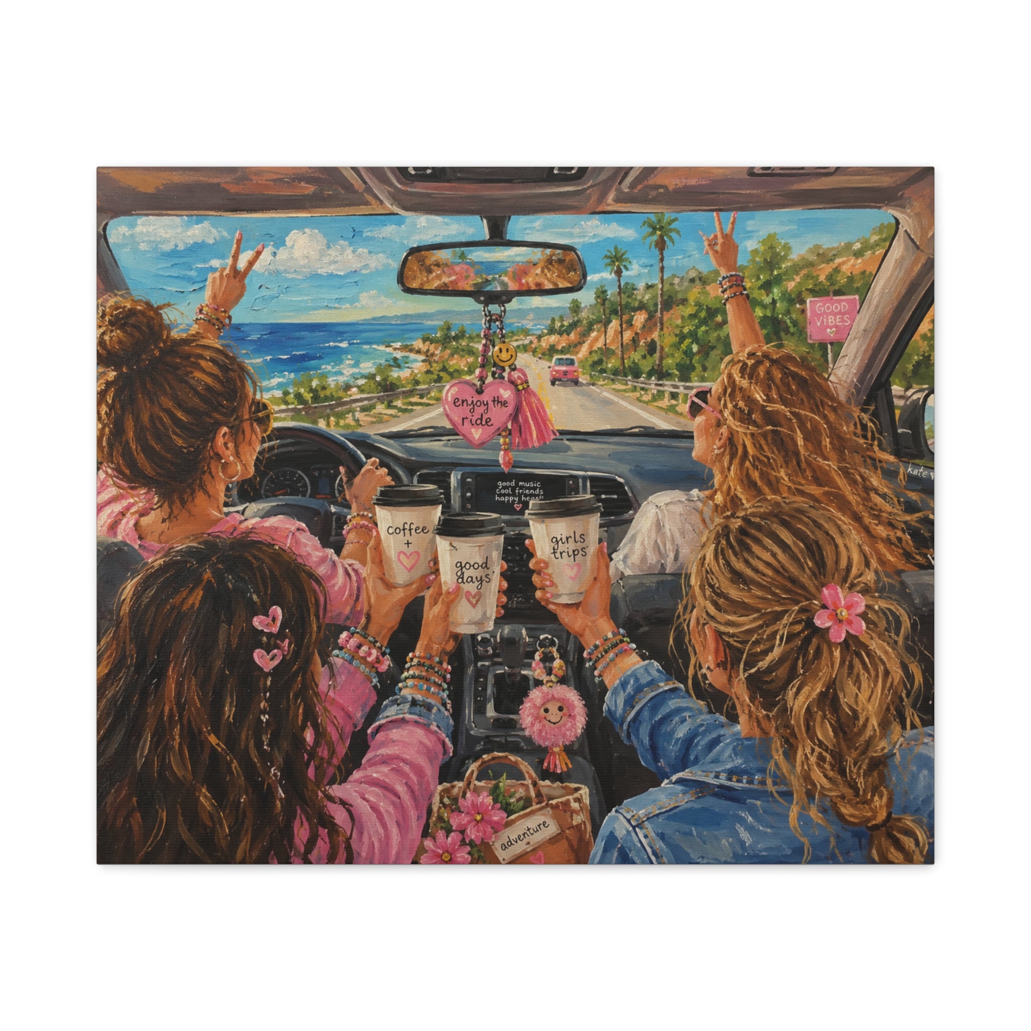 Girls' Beach Road Trip Canvas Wall Art – Colorful Acrylic Painting of Best Friends, Coffee Drive & Coastal Adventure